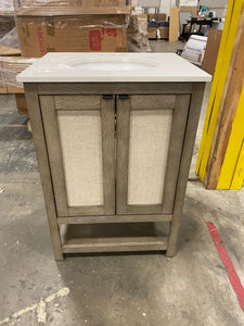 24 in. Bath Vanity in Barstow Acacia with Coastal Linen Doors and Vanity Top in White Stone with Basin