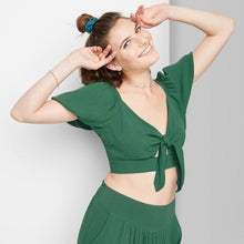 Load image into Gallery viewer, Women's Puff Short Sleeve Woven Tie Front Blouse
