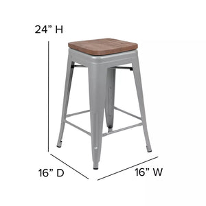 Flash Furniture 24" High Metal Counter-Height, Indoor Bar Stool with Wood Seat - Stackable Set of 4