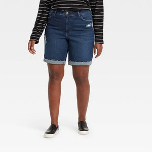 Women's Plus Size Roll Cuff Destructed Bermuda Jean Shorts