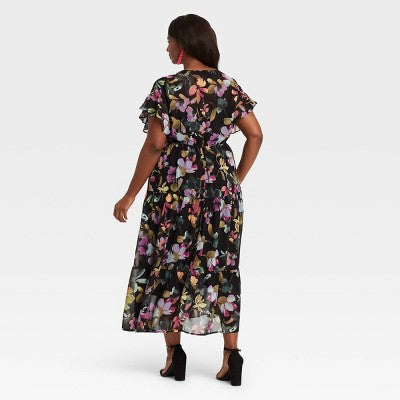 Women's Plus Size Flutter Short Sleeve Chiffon Dress