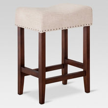 Load image into Gallery viewer, 24&quot; Saddle Counter Stool with Natural Wood Legs and Oatmeal Linen Cushion #9621
