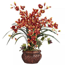 Load image into Gallery viewer, Artificial Cymbidium Orchid Arrangement with Decorative Vase Red
