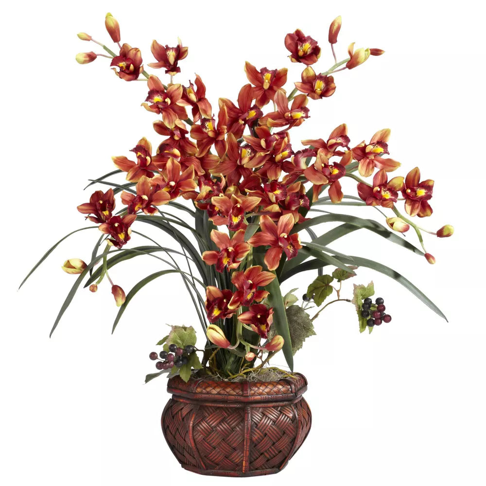 Artificial Cymbidium Orchid Arrangement with Decorative Vase Red