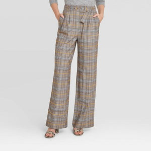 Women's High-Rise Plaid Belted Wide Leg Pants