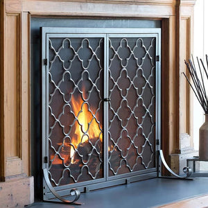 31' H x 38" W x 4" D Pewter Geometric Single Panel Steel Fireplace Screen