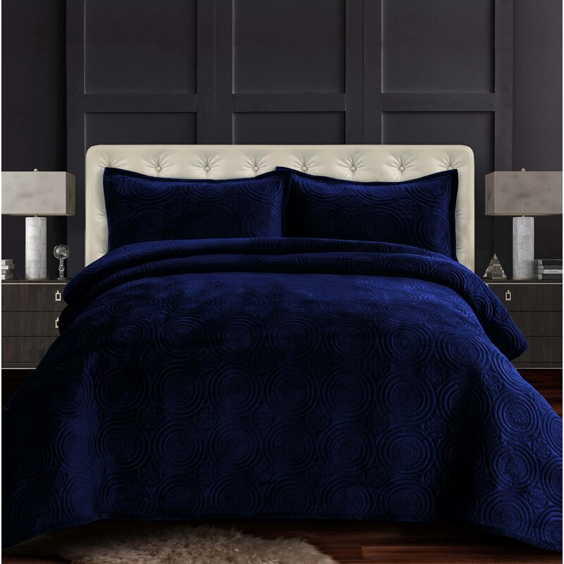 Queen Quilt + 2 Standard Shams Navy Blue Gess Microfiber Quilt Set