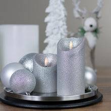 Load image into Gallery viewer, 6&quot; H x 3&quot; W x 3&quot; D Silver Glitter Decor Unscented Flameless Candle GL199
