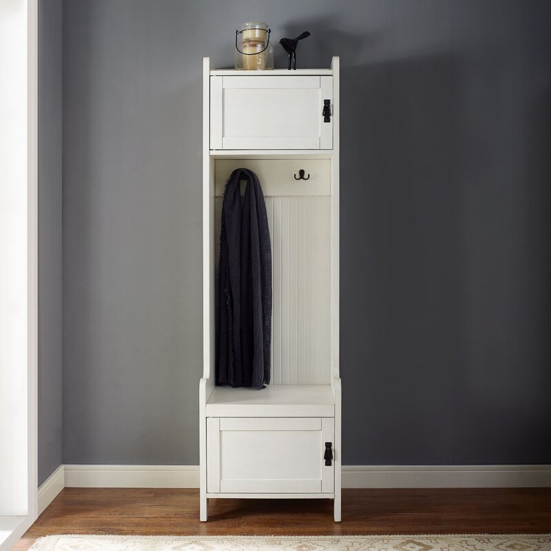 Distressed White Gracie-Mai Hall Tree with Bench and Shoe Storage 2627AH