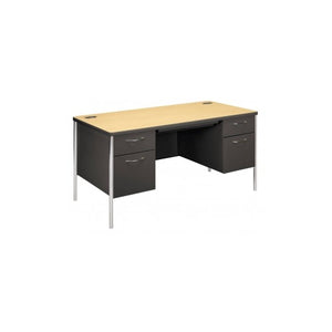 The HON  60"W Natural Maple Laminate Charcoal Finish Pedestal Desk