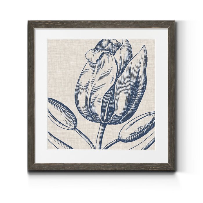 Indigo Floral on Linen Picture Frame Print On Canvas (1552ND)