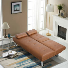 Load image into Gallery viewer, Janni 66&#39;&#39; Wide Faux Leather Cushion Back Convertible Sofa with Cup Holder
