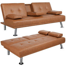 Load image into Gallery viewer, Janni 66&#39;&#39; Wide Faux Leather Cushion Back Convertible Sofa with Cup Holder
