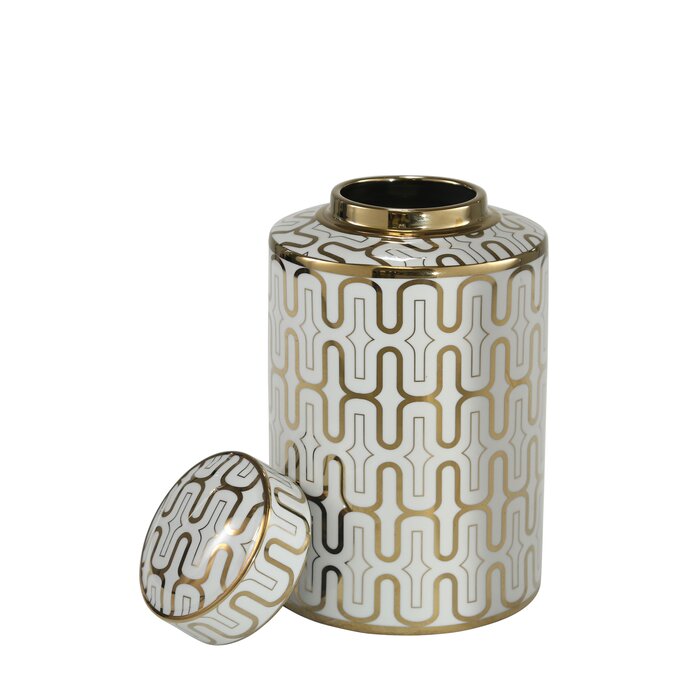 Ceramic Jar, White/Gold, #6480
