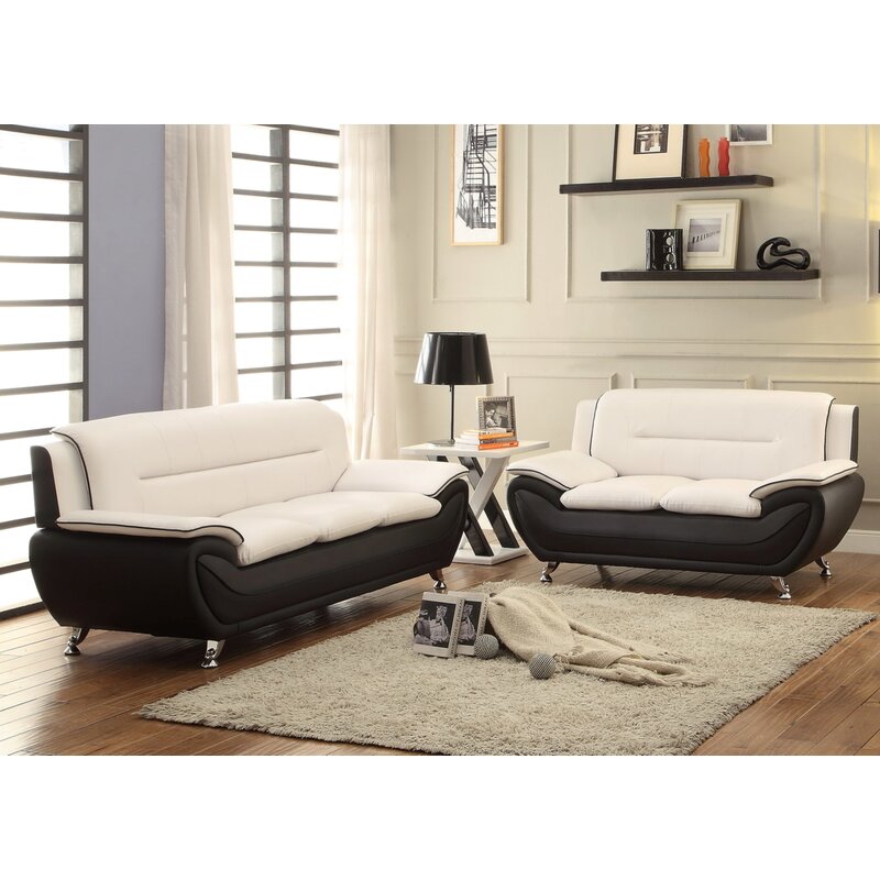 Jasmine Off White on Black 2 Piece Faux Leather Living Room Set