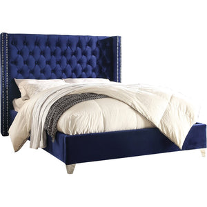 Queen Navy Jennie Solid Wood Tufted Upholstered Low Profile Platform Bed SB1879