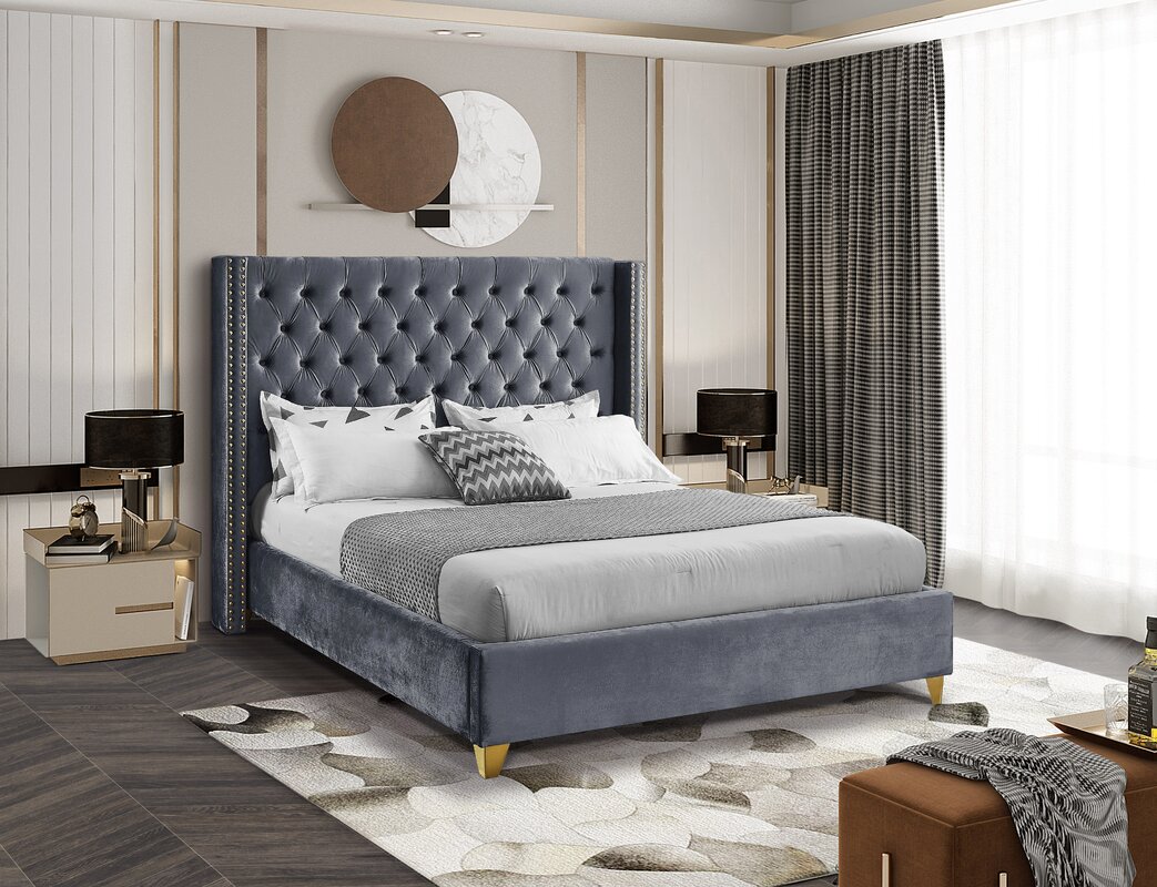 Jennie Tufted Upholstered Low Profile Platform Bed Gray Queen AS IS 3443RR
