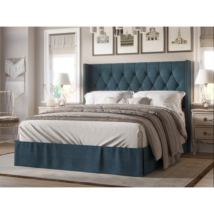 Queen Blue Jlani Tufted Upholstered Panel Bed