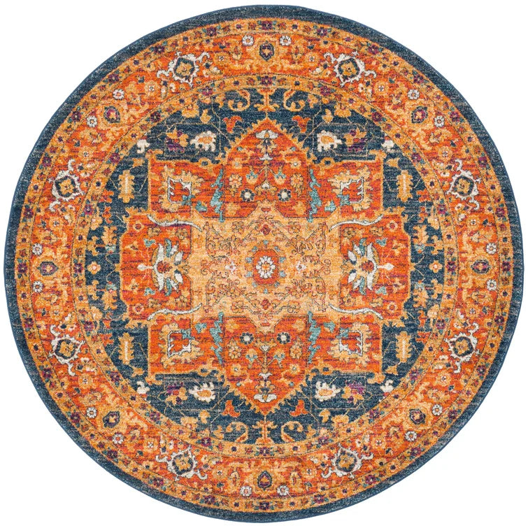 Juanito Oriental Area Rug in Blue/Orange, Round 6'7