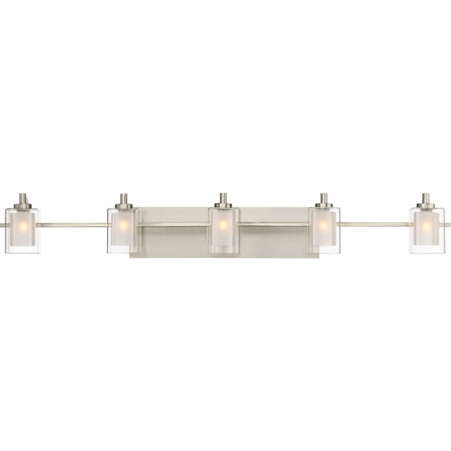 5- Light Vanity Light In Brushed Nickel With Outer Clear Glass And Heavy Sand Blast Inner Glass #9392