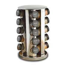 Load image into Gallery viewer, Revolving 20-Jar Countertop Rack Tower Organizer, Polished Stainless Steel with Black Caps
