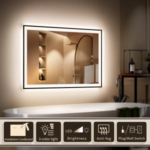LED Black Framed Bathroom Vanity Mirror, Illuminated Dimmable Anti Fog Makeup Mirror, 3 Color Light