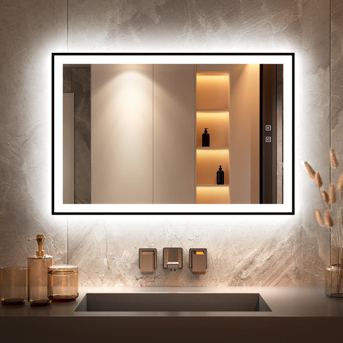 LED Black Framed Bathroom Vanity Mirror, Illuminated Dimmable Anti Fog Makeup Mirror, 3 Color Light