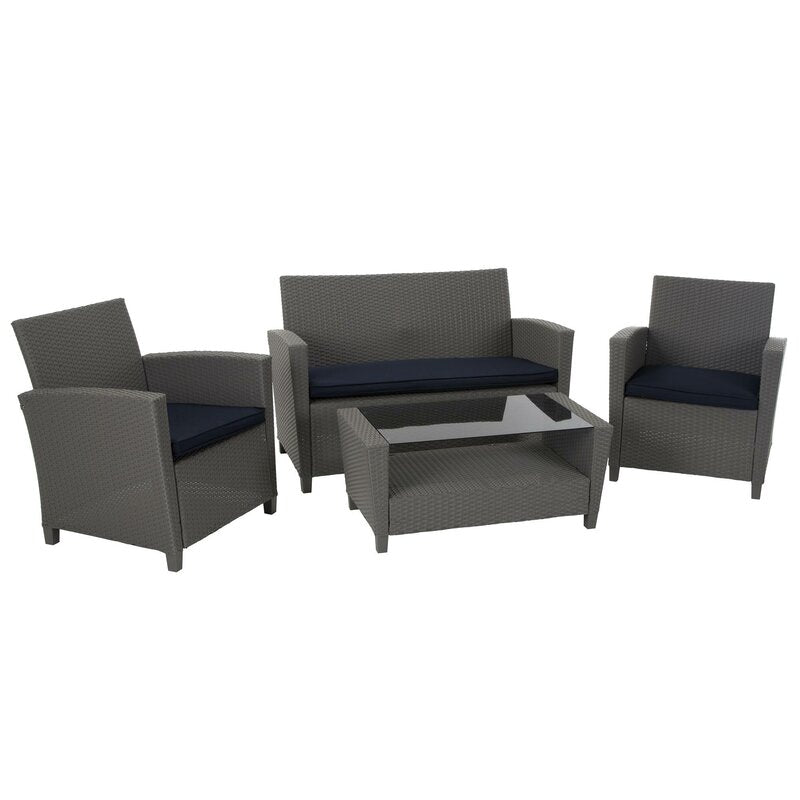 Gray/Navy Lancashire 4 Piece Rattan Sofa Seating Group with Cushions 7298