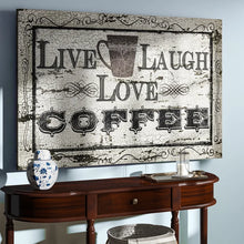 Load image into Gallery viewer, Live, Laugh, Love Coffee - Textual Art on Canvas, 18&quot; H x 27&quot; W x 1.5&quot; D
