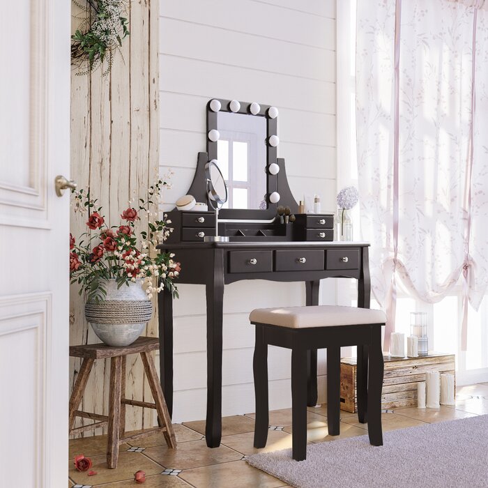 Black Lizete Vanity Set with Stool and Mirror (MH34)