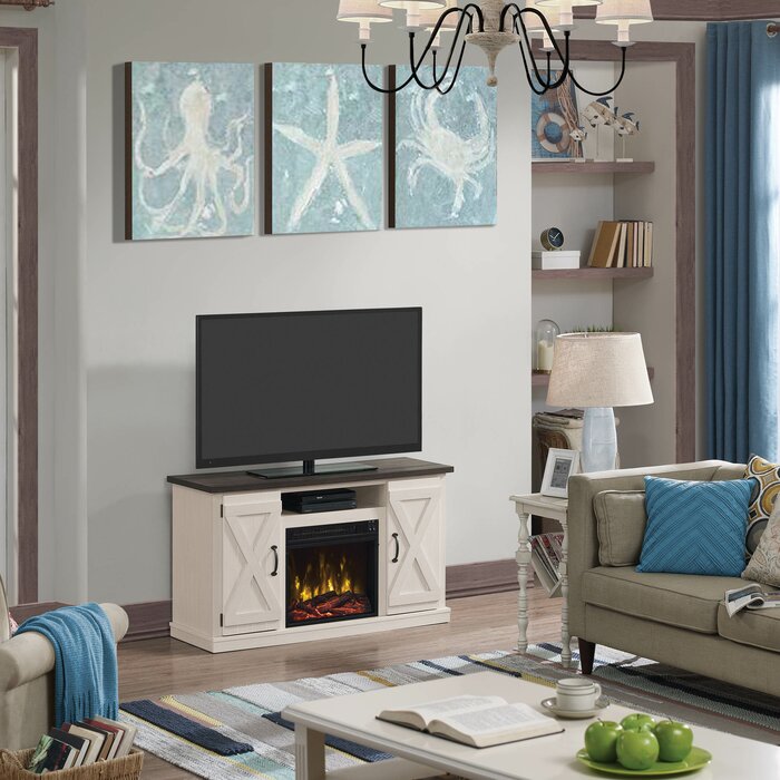 Lorraine tv shop stand with fireplace