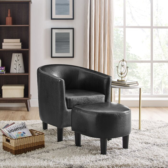 Lucea Barrel Chair and Ottoman in Black Faux Leather #9784