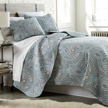 Load image into Gallery viewer, King Quilt + 2 King Shams Aqua Ludvik Microfiber Reversible Traditional Quilt Set
