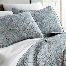 Load image into Gallery viewer, King Quilt + 2 King Shams Aqua Ludvik Microfiber Reversible Traditional Quilt Set
