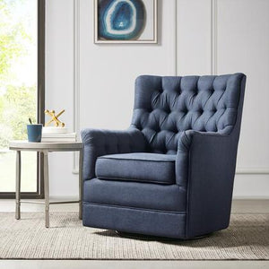 30" Swivel Glider Chair with Hand-Tufted Back, Metal Glinder and Traditional Style in Blue