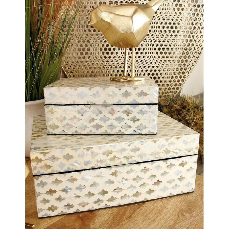 Distressed White Marea 2 Piece Mother of Pearl Inlay Decorative Box Set