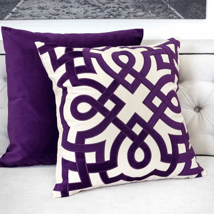 Cotton Throw Pillow in Cream with Purple Applique #9720