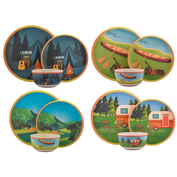 Green/Blue/Brown Melange 12-Piece Bamboo Dinnerware Set (Campers Paradise)(ND18)