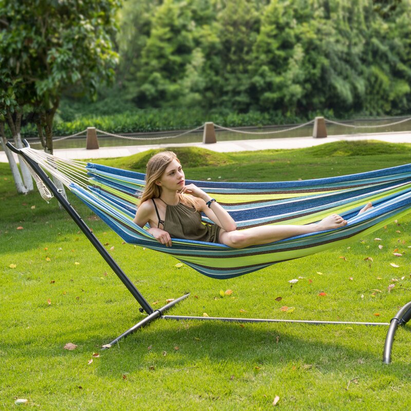 Green Stripe Mitre Double Camping Hammock with Stand CG10