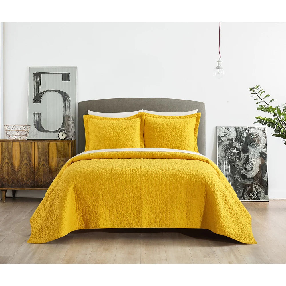 3 Piece Stone Washed Cotton Shell With Stitched Geometric Floral Pattern Quilt Set - Yellow - Queen