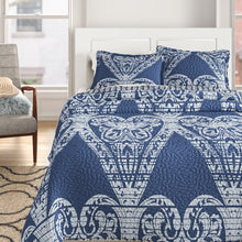 Load image into Gallery viewer, Queen Quilt + 1 King Sham + 1 Queen Sham Napoli Navy Microfiber Reversible Modern &amp; Contemporary 3 Piece Quilt Set 6205RR/GL
