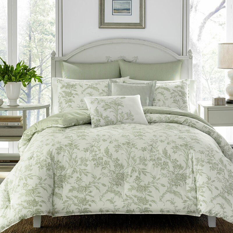 King Duvet Cover + 2 Standard Shams Natalie Green/Off White (Background) 100% Cotton 150 TC Reversible Farmhouse / Country Duvet Cover Set