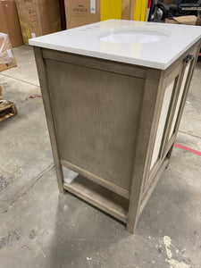 24 in. Bath Vanity in Barstow Acacia with Coastal Linen Doors and Vanity Top in White Stone with Basin