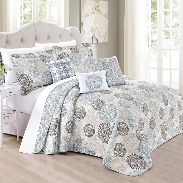 King Quilt + 6 Additional Pieces Nordmeyer Blue/Beige/Brown/Ivory Microfiber Reversible Modern & Contemporary 3 Piece Quilt Set