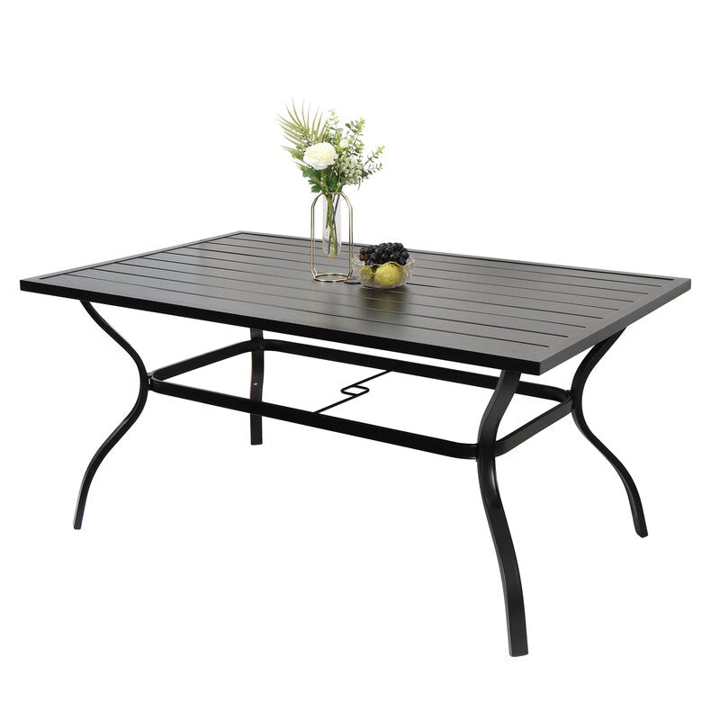 *AS-IS* Outdoor Patio Dining Table 60”x38” Rectangular Metal Slatted Table With Umbrella Hole