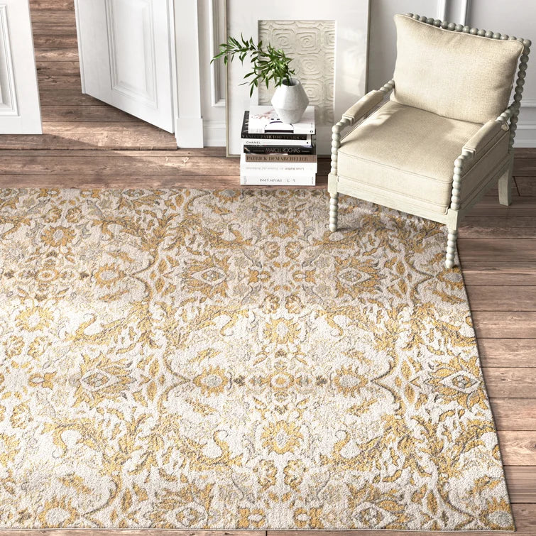 Overstreet Damask Area Rug in Ivory/Gold, Rectangle 4' x 6'