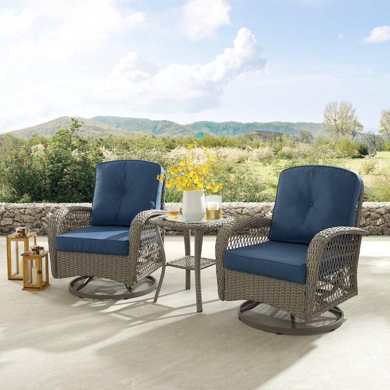 Pelletier 3 Piece Rattan Seating Group with Cushion Gray/Blue 3367RR