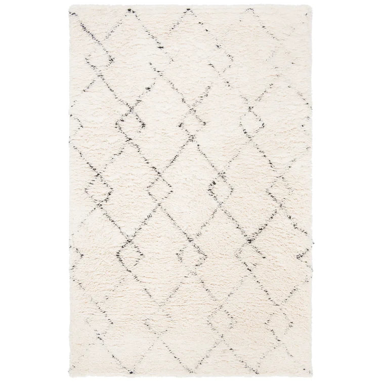 Powell Geometric Handmade Tufted Wool Area Rug in Ivory/Black, Rectangle 5' x 8'