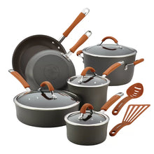 Load image into Gallery viewer, Orange Rachael Ray Cucina Hard-Anodized Aluminum Nonstick Cookware Set, 12-Piece, Gray with Cranberry Red Handles

