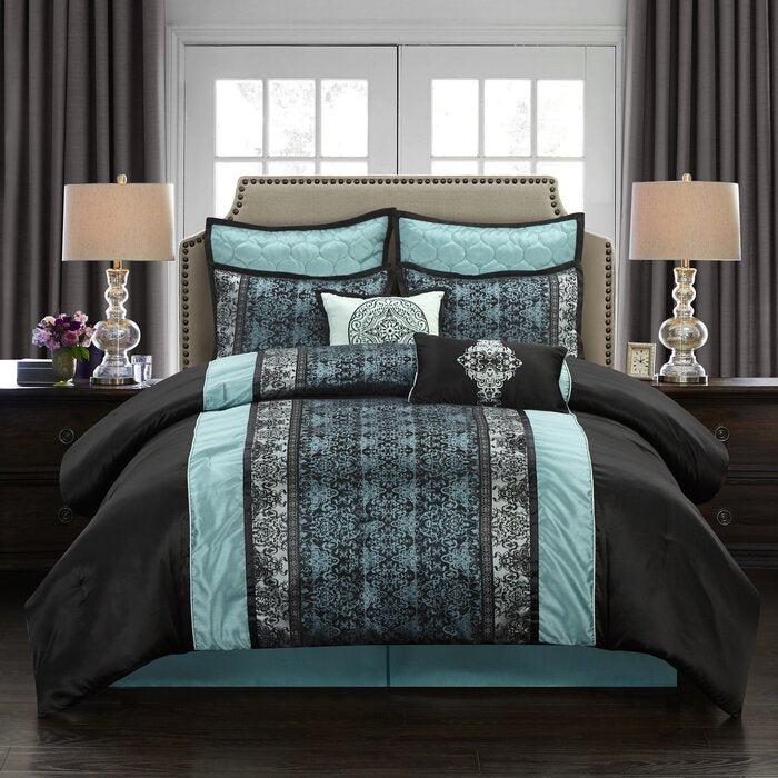 California King Comforter + 7 Additional Pieces Blue/Gray/Black Raye Comforter Set